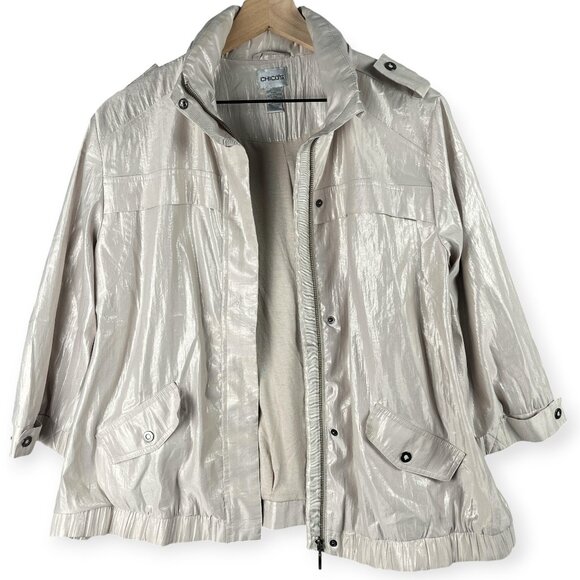 Chicos Windbreaker Jacket Womens Size 2 Metallic Beige Hooded Zip Pockets - Picture 3 of 11